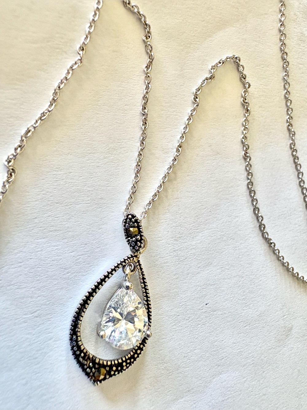 Sterling Silver Teardrop Pendant Necklace with Cubic Zirconia and Marcasite